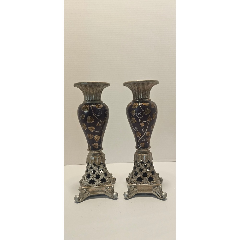 Y2K Vintage Pair of Ornate Candleholders Pedestal 12" Ethnic Spice Floral Leaf